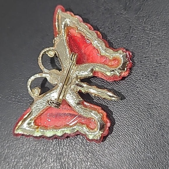 Butterfly brooch red & goldtone Pearls - Picture 5 of 7